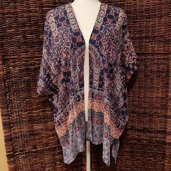 Angie Cardigan Women's Large Blue Boho Print Open Front Kimono Shrug Festival - Picture 1 of 4